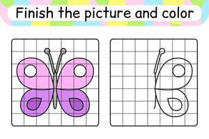 Completa la imagen de la mariposa. copiar la imagen y el color. terminar la imagen. libro de colorear. juego educativo de ejercicios de dibujo para niños vector