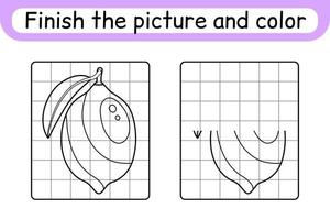 Complete the picture lemon. Copy the picture and color. Finish the image. Coloring book. Educational drawing exercise game for children vector