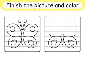 Completa la imagen de la mariposa. copiar la imagen y el color. terminar la imagen. libro de colorear. juego educativo de ejercicios de dibujo para niños vector