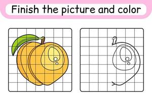 Complete the picture peach. Copy the picture and color. Finish the image. Coloring book. Educational drawing exercise game for children vector