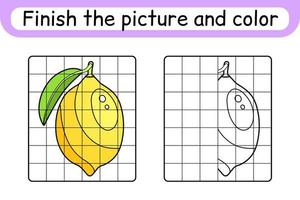 Complete the picture lemon. Copy the picture and color. Finish the image. Coloring book. Educational drawing exercise game for children vector