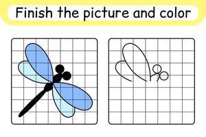 completa la imagen libélula. copiar la imagen y el color. terminar la imagen. libro de colorear. juego educativo de ejercicios de dibujo para niños vector