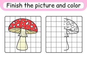 Complete the picture mushroom amanita. Copy the picture and color. Finish the image. Coloring book. Educational drawing exercise game for children vector