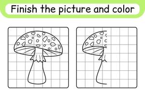 Complete the picture mushroom amanita. Copy the picture and color. Finish the image. Coloring book. Educational drawing exercise game for children vector