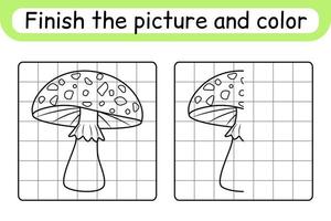 Complete the picture mushroom amanita. Copy the picture and color. Finish the image. Coloring book. Educational drawing exercise game for children vector