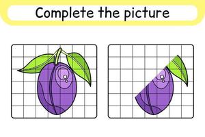 Complete the picture plum. Copy the picture and color. Finish the image. Coloring book. Educational drawing exercise game for children vector