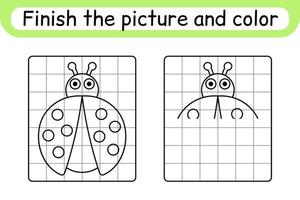 Complete the picture ladybug. Copy the picture and color. Finish the image. Coloring book. Educational drawing exercise game for children vector