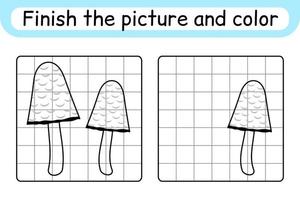 Complete the picture mushroom coprinus. Copy the picture and color. Finish the image. Coloring book. Educational drawing exercise game for children vector