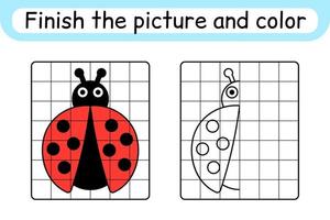 Complete the picture ladybug. Copy the picture and color. Finish the image. Coloring book. Educational drawing exercise game for children vector