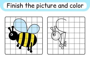 Complete the picture bee. Copy the picture and color. Finish the image. Coloring book. Educational drawing exercise game for children vector