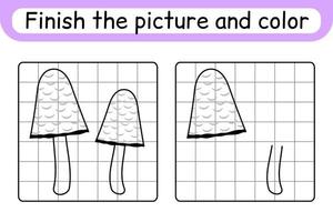 Complete the picture mushroom coprinus. Copy the picture and color. Finish the image. Coloring book. Educational drawing exercise game for children vector