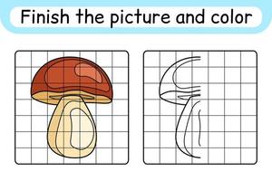 Complete the picture mushroom boletus. Copy the picture and color. Finish the image. Coloring book. Educational drawing exercise game for children vector