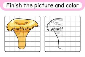 Complete the picture mushroom chanterelle. Copy the picture and color. Finish the image. Coloring book. Educational drawing exercise game for children vector