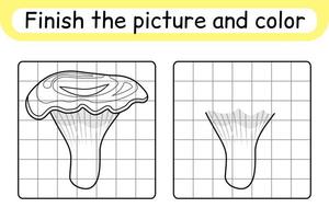 Complete the picture mushroom chanterelle. Copy the picture and color. Finish the image. Coloring book. Educational drawing exercise game for children vector