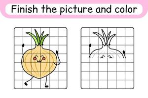 Complete the picture onion. Copy the picture and color. Finish the image. Coloring book. Educational drawing exercise game for children vector