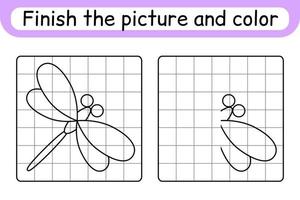 Complete the picture dragonfly. Copy the picture and color. Finish the image. Coloring book. Educational drawing exercise game for children vector