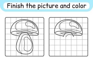 Complete the picture mushroom boletus. Copy the picture and color. Finish the image. Coloring book. Educational drawing exercise game for children vector