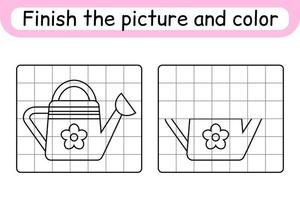 Complete the picture watering can. Copy the picture and color. Finish the image. Coloring book. Educational drawing exercise game for children vector