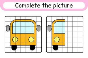 Complete the picture bus. Copy the picture and color. Finish the image. Coloring book. Educational drawing exercise game for children vector