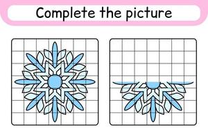 Complete the picture snowflake. Copy the picture and color. Finish the image. Coloring book. Educational drawing exercise game for children vector