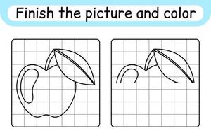 Complete the picture apple. Copy the picture and color. Finish the image. Coloring book. Educational drawing exercise game for children vector