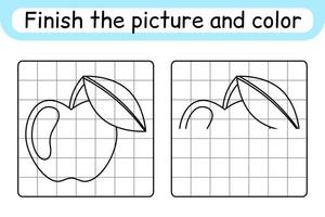 Complete the picture apple. Copy the picture and color. Finish the image. Coloring book. Educational drawing exercise game for children vector