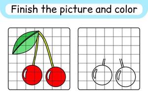 Complete the picture cherry. Copy the picture and color. Finish the image. Coloring book. Educational drawing exercise game for children vector