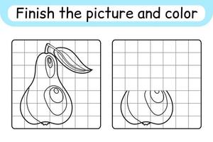 Complete the picture pear. Copy the picture and color. Finish the image. Coloring book. Educational drawing exercise game for children vector