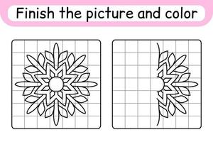 Complete the picture snowflake. Copy the picture and color. Finish the image. Coloring book. Educational drawing exercise game for children vector