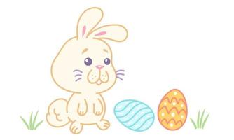 Vector illustration of a rabbit with eggs for Easter in kawaii style.