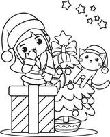 Christmas coloring book with cute girl vector