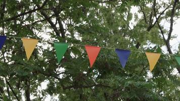 Festive triangular flags of different colors on rope against background of green trees. video