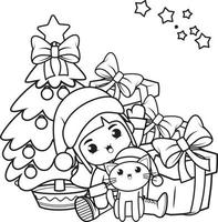 Christmas coloring book with cute girl vector