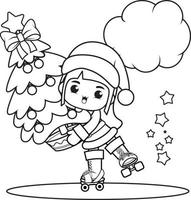 Christmas coloring book with cute girl vector