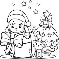 Christmas coloring book with cute girl vector