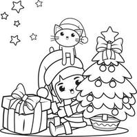 Christmas coloring book with cute girl vector