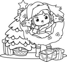 Christmas coloring book with cute girl vector