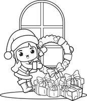 Christmas coloring book with cute girl vector