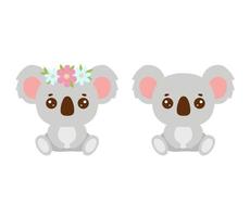 Cute baby koala with floral wreath sitting. Australian animal . Vector flat illustration isolated on white background.