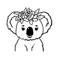 Cute koala in floral wreath. Flowers, spring, bouquet of roses and australian animal .Vector outline illustration isolated on white background. Portrait of baby koala vector