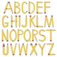 English alphabet of pencils, letters, color isolated vector illustration