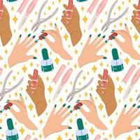 Color vector seamless pattern with the image of hands with a bright manicure. Background of nails paint and polish