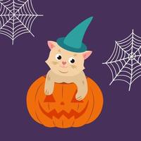 lindo gato en un sombrero de bruja sentado en una ilustración de vector de calabaza de halloween