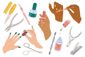Female manicured hands and equipments for nail studio or spa salon. Lady painting, polishing nails. Vector Illustration of elegant female hands in a trendy minimalist style. Beauty routine