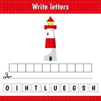 Educational game for kids. Crossword. Lighthouse. Guess the word. Learning game for kids. Activity page. vector