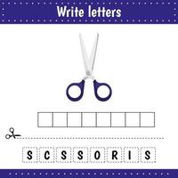 Educational game for kids. Crossword. Scissors. Guess the word. Learning game for kids. Activity page. vector