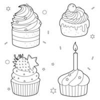 conjunto de cupcakes de contorno con crema y bayas. ilustración en blanco y negro para niños libro para colorear, elementos de diseño vector