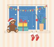 Christmas window with a view of the evening winter city. Stack of gifts on the window for the child teddy bear and gift boxes vector