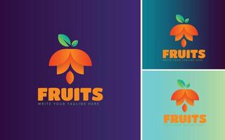 logo de fruta con color degradado. concepto de jugo con hojas verdes. vector