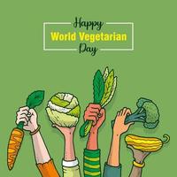 día mundial vegetariano con manos sosteniendo verduras ilustración vector